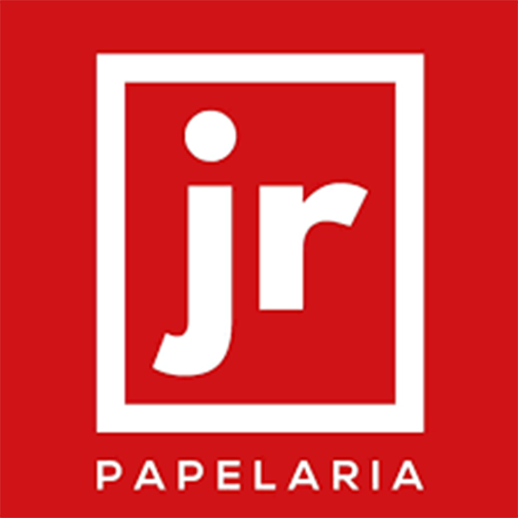Logo da empresa JR Papelaria que é composta por um quadrado vermelho em escrita branca